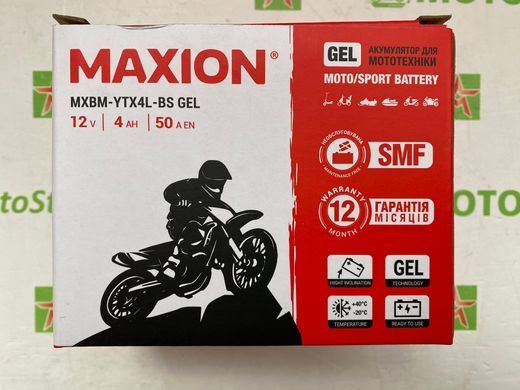 YTX4L-BS MAXION (GEL) Мото акумулятор гелевий, 12V, 4Ah, 113x70x85 мм
