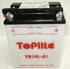 Мотоакумулятор TOPLITE YB14L-A1 12V, 14Ah, д. 135, ш. 91, в.167, обсяг 0,8, вага 4,5 кг, без електроліту