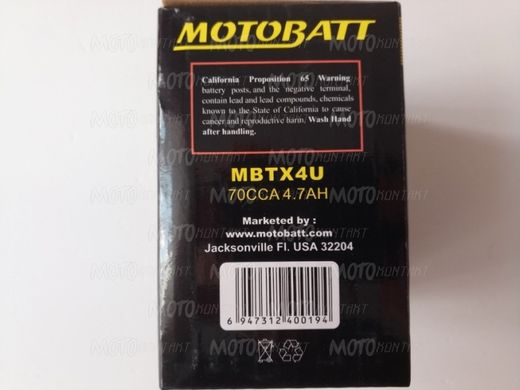 Motobatt MBTX4U Акумулятор 4 A/ч, 70 А, (-/+), 114x70x87 мм (YTX4L-BS)