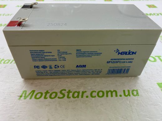 Акумуляторна батарея MERLION AGM GP1233F1 12 V 3,3Ah (134x66x60 (65) ), 1.215 кг Q10