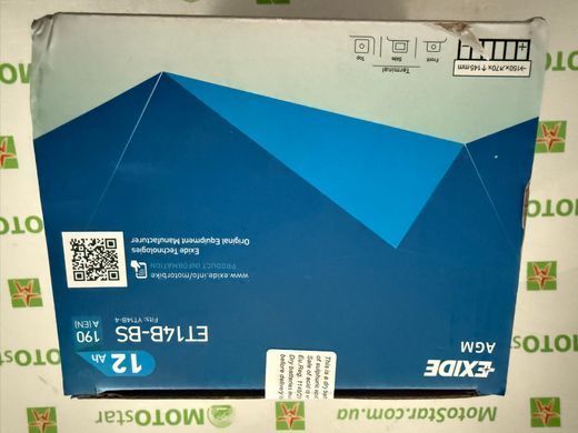 Акумулятор EXIDE ET14B-BS / YT14B-BS  12 Aч, 190 A, (+/-), 150x70x145 мм