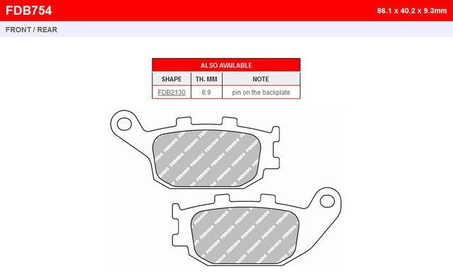 FDB754EF - Тормозные колодки HONDA CB, CBF, CBR, CRF, VTR; KAWASAKI KLZ, Z; SUZUKI DL, GSF, SV; YAMAHA FZ1, FZ6, MT-03, TRACER, XJ6, XSR, YZF-R1, YZF-R6 500-1250