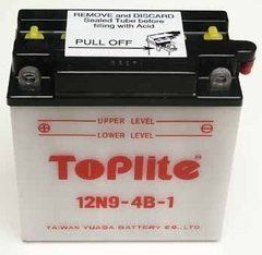 Мотоакумулятор TOPLITE 12N9-4B-1 12V, 9Ah, д. 135, ш. 75, в.140, обсяг 0,6, вага 3,2 кг, без електроліту