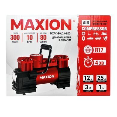 Автомобильный компрессор двупоршневой MXAC-80L2K-LED 10 Атм/Бар, 300Вт, 12В, 25А, 80 л/мин, с фонариком