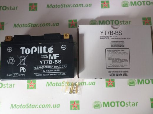 Мотоакумулятор TOPLITE YT7B-BS 12V, 6,5Ah, д. 150, ш. 65, в.94, електроліт в к-ті, вага 2,7 кг